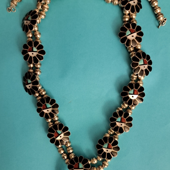 Zuni Inlay Necklace by Ashberry Gasper Sunface Onyx Coral Turquoise MOP - Picture 1 of 7